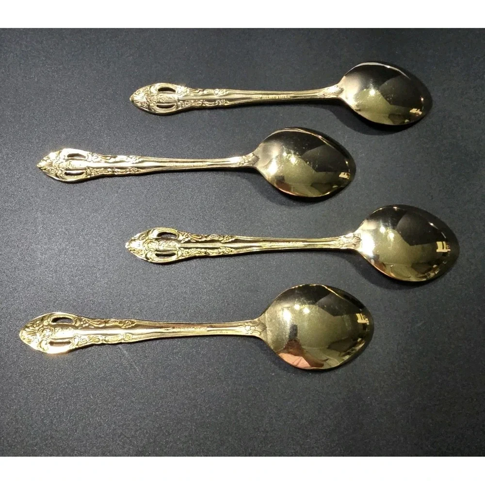 Vtg Set Of 4 Hanford Forge LTD Gold Plated Oval Soup Spoons Versailles